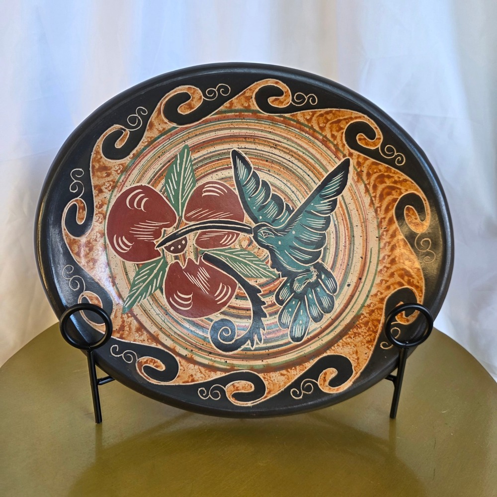 Chorotega Pottery Bowl Costa Rica Hand Painted Hummingbird Floral Folk Art 10"